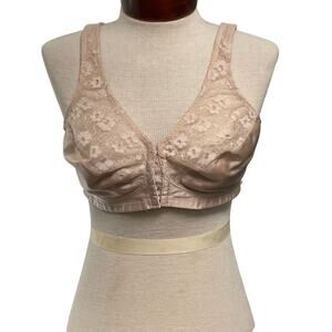 Exquisite Vintage Front Close Lace Posture Bra 38B Nude Floral VTG